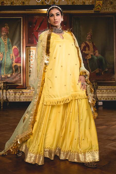 Shop_Gulabo Jaipur_Yellow Chanderi Embroidery, Gota Patti, Zari Split Imama Kurta Sharara Set _Online_at_Aza_Fashions