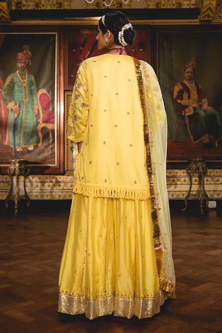 Gulabo Jaipur_Yellow Chanderi Embroidery, Gota Patti, Zari Split Imama Kurta Sharara Set _at_Aza_Fashions
