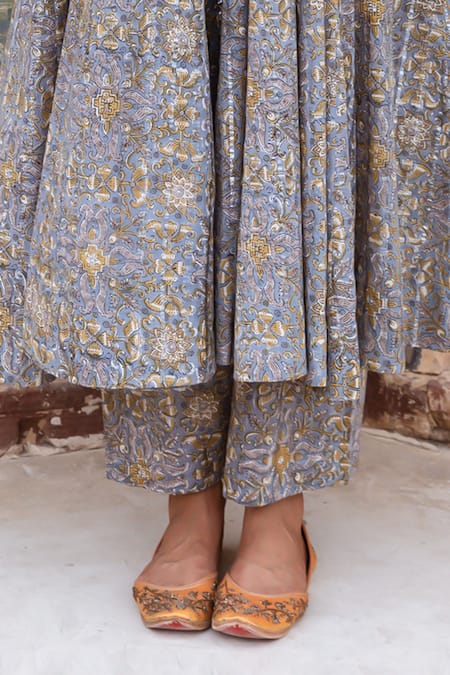 Gulabo Jaipur_Blue Lurex Embroidery Round Neck Noorani Floral Hand Block Print Anarkali Set _Online_at_Aza_Fashions