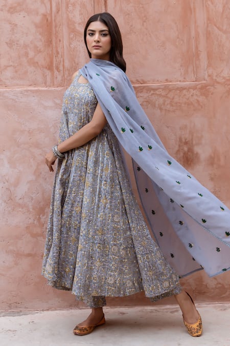 Buy_Gulabo Jaipur_Blue Lurex Embroidery Round Neck Noorani Floral Hand Block Print Anarkali Set _Online_at_Aza_Fashions