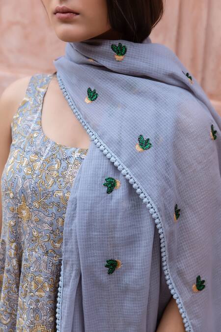 Shop_Gulabo Jaipur_Blue Lurex Embroidery Round Neck Noorani Floral Hand Block Print Anarkali Set _Online_at_Aza_Fashions