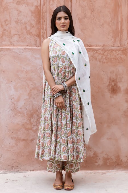 Gulabo Jaipur White Lurex Printed Botanical Round Noorani Anarkali Set 