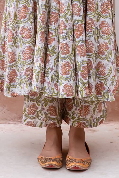 Gulabo Jaipur_White Lurex Embroidery Round Neck Noorani Botanical Print Anarkali Set _Online_at_Aza_Fashions