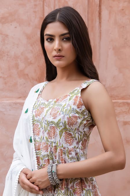 Shop_Gulabo Jaipur_White Lurex Embroidery Round Neck Noorani Botanical Print Anarkali Set _Online_at_Aza_Fashions