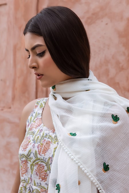 Gulabo Jaipur_White Lurex Embroidery Round Neck Noorani Botanical Print Anarkali Set _at_Aza_Fashions