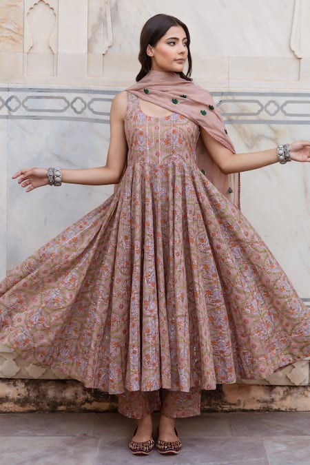 Gulabo Jaipur Pink Lurex Printed Blossom Round Noorani Anarkali Set 