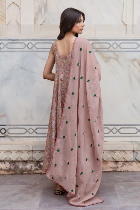Shop Gulabo Jaipur Pink Lurex Lace, Embroidery Round Neck Noorani Blossom Print Anarkali Set at Aza Fashions Shop_Gulabo Jaipur_Pink Lurex Lace, Embroidery Round Neck Noorani Blossom Print Anarkali Set _at_Aza_Fashions