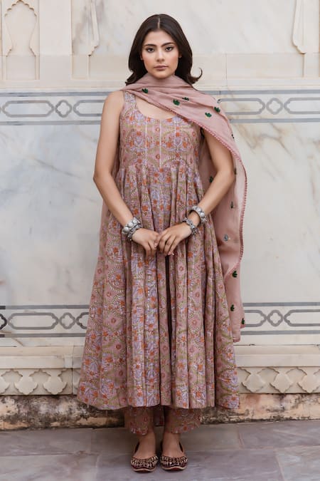 Gulabo Jaipur Pink Lurex Lace, Embroidery Round Neck Noorani Blossom Print Anarkali Set Online at Aza Fashions Gulabo Jaipur_Pink Lurex Lace, Embroidery Round Neck Noorani Blossom Print Anarkali Set _Online_at_Aza_Fashions