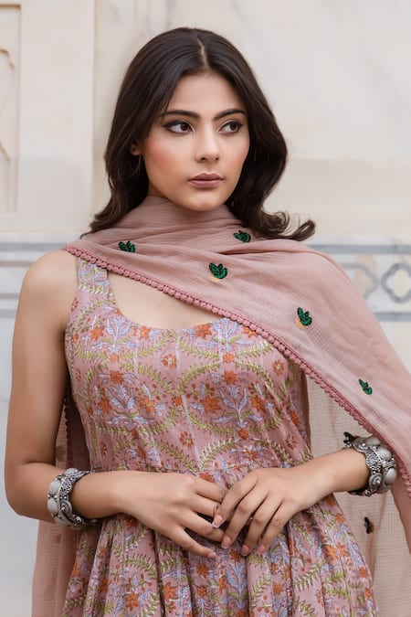 Gulabo Jaipur Pink Lurex Lace, Embroidery Round Neck Noorani Blossom Print Anarkali Set at Aza Fashions Gulabo Jaipur_Pink Lurex Lace, Embroidery Round Neck Noorani Blossom Print Anarkali Set _at_Aza_Fashions
