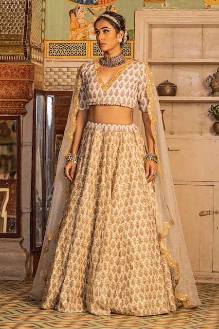 Gulabo Jaipur_White Cotton Sequins, Zari, Embroidery Parveen Floral Print And Lehenga Set _at_Aza_Fashions