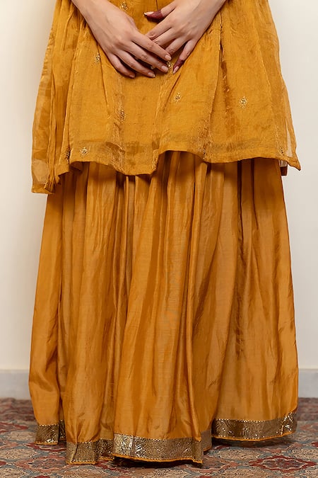 Shop_Nirjara_Yellow Chanderi, Cotton, Silk Embroidery, Zareen Floral Kurta With Gharara _Online_at_Aza_Fashions