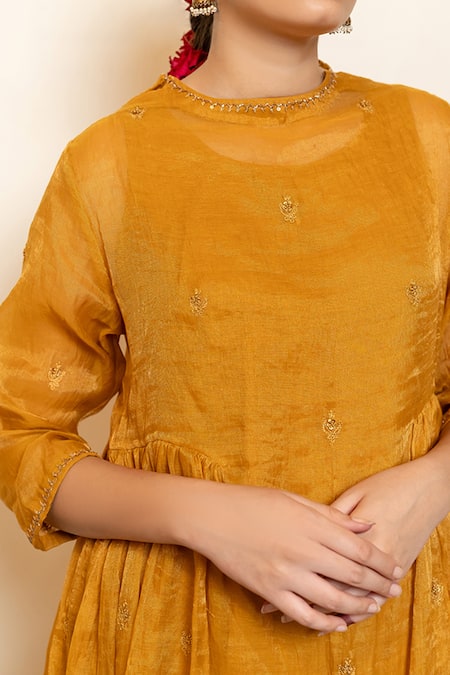 Nirjara_Yellow Chanderi, Cotton, Silk Embroidery, Zareen Floral Kurta With Gharara _at_Aza_Fashions