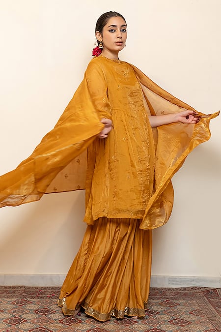 Buy_Nirjara_Yellow Chanderi, Cotton, Silk Embroidery, Zareen Floral Kurta With Gharara 