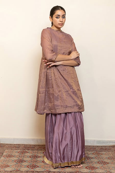 Shop_Nirjara_Purple Chanderi, Cotton, Silk Zareen Floral Thread Kurta With Gharara _Online_at_Aza_Fashions