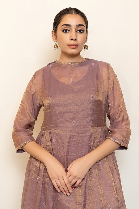 Nirjara_Purple Chanderi, Cotton, Silk Zareen Floral Thread Kurta With Gharara _at_Aza_Fashions