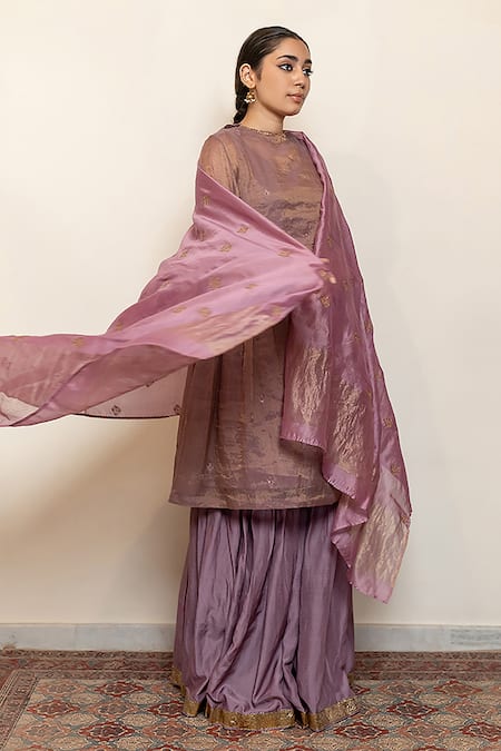 Buy_Nirjara_Purple Chanderi, Cotton, Silk Zareen Floral Thread Kurta With Gharara 