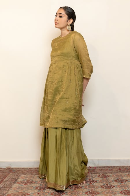Nirjara_Green Chanderi, Cotton, Silk Embroidery, Sequins Half Moon Kurta With Gharara _Online_at_Aza_Fashions