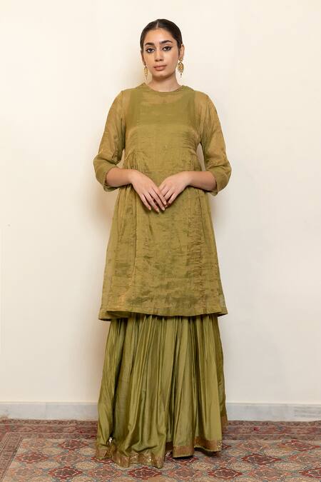 Shop_Nirjara_Green Chanderi, Cotton, Silk Embroidery, Sequins Half Moon Kurta With Gharara _Online_at_Aza_Fashions