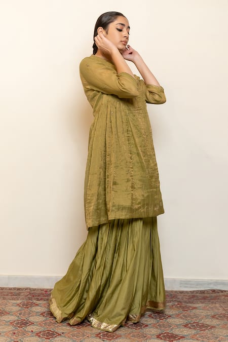 Nirjara_Green Chanderi, Cotton, Silk Embroidery, Sequins Half Moon Kurta With Gharara _at_Aza_Fashions