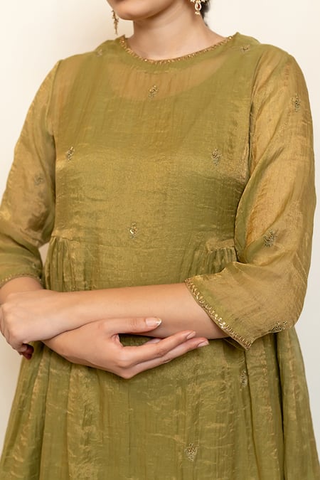 Buy_Nirjara_Green Chanderi, Cotton, Silk Embroidery, Sequins Half Moon Kurta With Gharara 