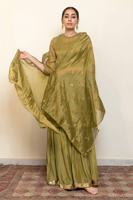 Shop_Nirjara_Green Chanderi, Cotton, Silk Embroidery, Sequins Half Moon Kurta With Gharara 