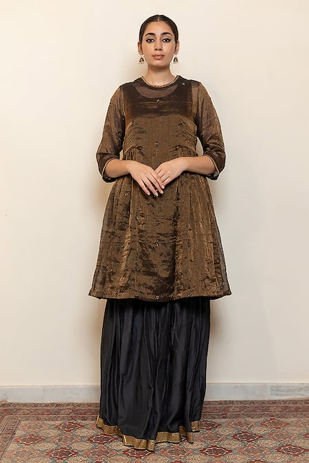 Nirjara_Black Chanderi, , Satin, Silk Tissue Floral Kurta With Gharara _Online_at_Aza_Fashions