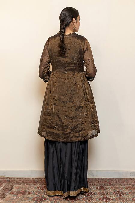 Shop_Nirjara_Black Chanderi, , Satin, Silk Tissue Floral Kurta With Gharara _Online_at_Aza_Fashions