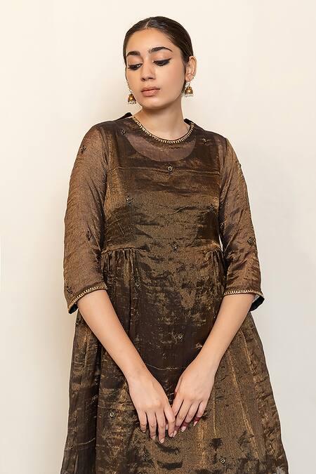 Nirjara_Black Chanderi, , Satin, Silk Tissue Floral Kurta With Gharara _at_Aza_Fashions
