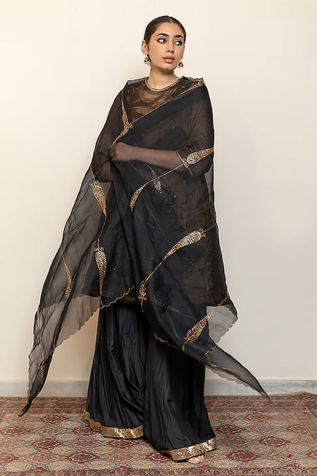 Buy_Nirjara_Black Chanderi, , Satin, Silk Tissue Floral Kurta With Gharara 