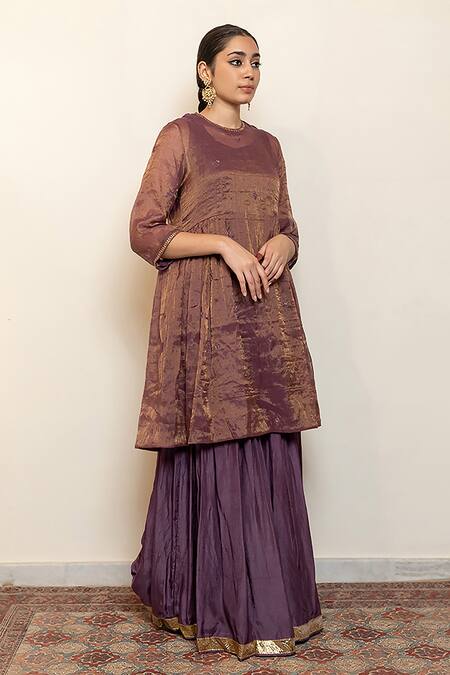 Buy_Nirjara_Purple Chanderi, Cotton, Silk Embroidery, Tissue Chaand Kurta With Gharara _Online_at_Aza_Fashions
