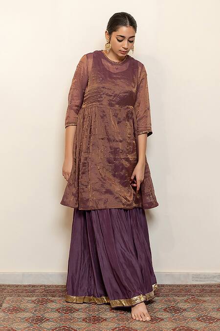 Nirjara_Purple Chanderi, Cotton, Silk Embroidery, Tissue Chaand Kurta With Gharara _at_Aza_Fashions
