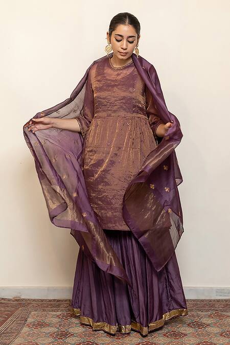 Shop_Nirjara_Purple Chanderi, Cotton, Silk Embroidery, Tissue Chaand Kurta With Gharara 