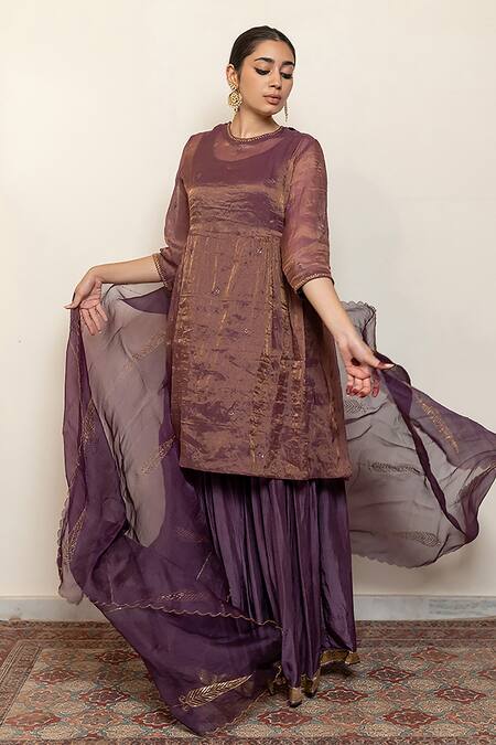Shop_Nirjara_Purple Chanderi, Cotton, Silk, Organza Zareen Half Moon Kurta Gharara Set _Online_at_Aza_Fashions