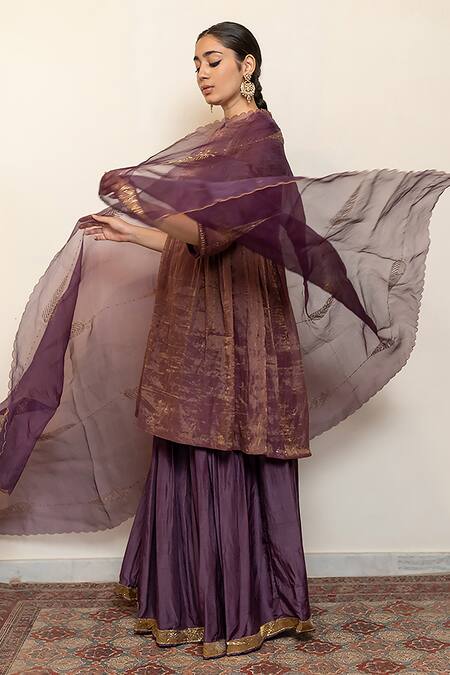 Nirjara_Purple Chanderi, Cotton, Silk, Organza Zareen Half Moon Kurta Gharara Set _at_Aza_Fashions