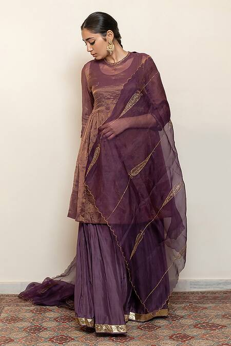 Buy_Nirjara_Purple Chanderi, Cotton, Silk, Organza Zareen Half Moon Kurta Gharara Set 