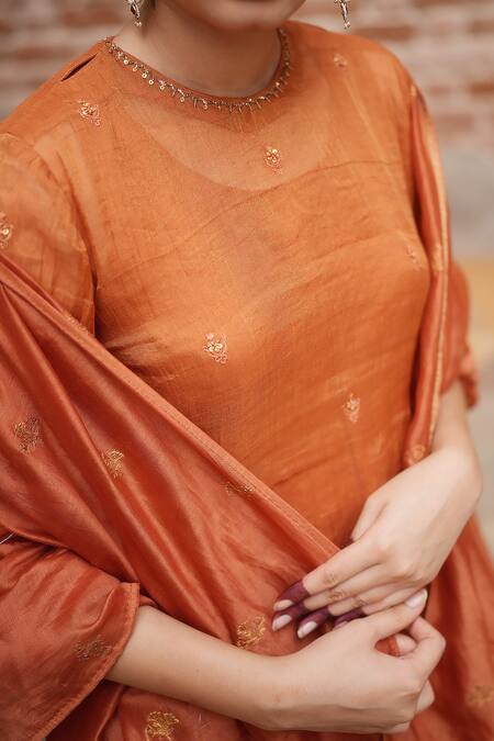 Nirjara_Orange Chanderi, Cotton, Silk Embroidery, Tissue Floral Moon Kurta With Gharara _Online_at_Aza_Fashions
