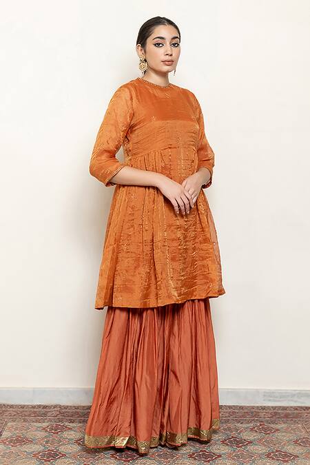 Buy_Nirjara_Orange Chanderi, Cotton, Silk Embroidery, Tissue Floral Moon Kurta With Gharara _Online_at_Aza_Fashions