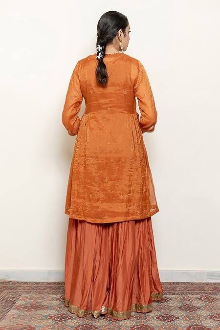 Shop_Nirjara_Orange Chanderi, Cotton, Silk Embroidery, Tissue Floral Moon Kurta With Gharara _Online_at_Aza_Fashions
