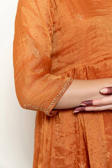 Nirjara_Orange Chanderi, Cotton, Silk Embroidery, Tissue Floral Moon Kurta With Gharara _at_Aza_Fashions