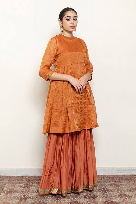 Buy_Nirjara_Orange , Cotton, Cotton, Kurta Set With Dupatta _Online_at_Aza_Fashions