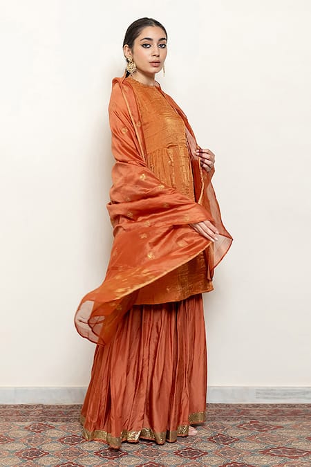 Nirjara_Orange , Cotton, Cotton, Kurta Set With Dupatta _at_Aza_Fashions