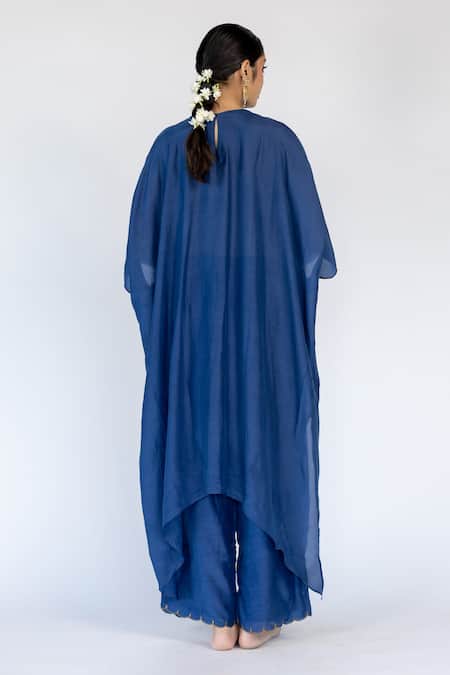 Shop Nirjara Blue Cotton, Silk Sequins, Embroidery Round Neck Floral Bodice Kaftan With Pant at Aza Fashions Shop_Nirjara_Blue Cotton, Silk Sequins, Embroidery Round Neck Floral Bodice Kaftan With Pant _at_Aza_Fashions