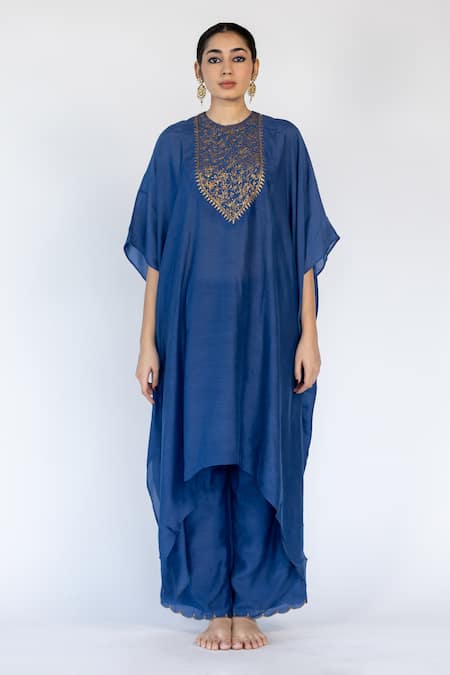 Nirjara Blue Cotton, Silk Sequins, Embroidery Round Neck Floral Bodice Kaftan With Pant Online at Aza Fashions Nirjara_Blue Cotton, Silk Sequins, Embroidery Round Neck Floral Bodice Kaftan With Pant _Online_at_Aza_Fashions