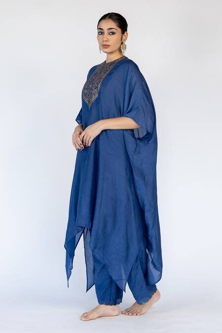 Buy Nirjara Blue Cotton, Silk Sequins, Embroidery Round Neck Floral Bodice Kaftan With Pant Online at Aza Fashions Buy_Nirjara_Blue Cotton, Silk Sequins, Embroidery Round Neck Floral Bodice Kaftan With Pant _Online_at_Aza_Fashions