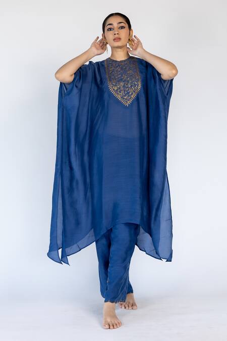 Nirjara Blue Cotton, Silk Sequins, Embroidery Round Neck Floral Bodice Kaftan With Pant at Aza Fashions Nirjara_Blue Cotton, Silk Sequins, Embroidery Round Neck Floral Bodice Kaftan With Pant _at_Aza_Fashions