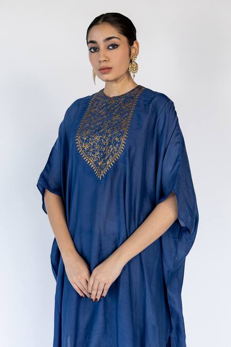 Shop Nirjara Blue Cotton, Silk Sequins, Embroidery Round Neck Floral Bodice Kaftan With Pant Shop_Nirjara_Blue Cotton, Silk Sequins, Embroidery Round Neck Floral Bodice Kaftan With Pant
