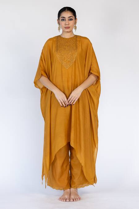 Nirjara_Yellow Cotton, Silk Sequins, Embroidery Lailaa Floral Bodice Kaftan With Pant _Online_at_Aza_Fashions