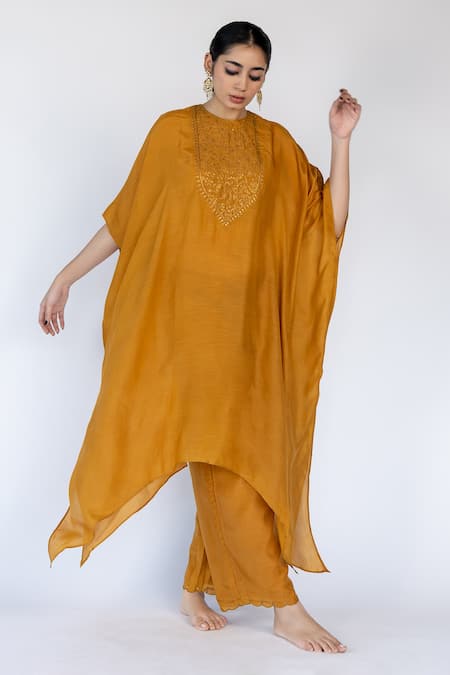 Nirjara_Yellow Cotton, Silk Sequins, Embroidery Lailaa Floral Bodice Kaftan With Pant _at_Aza_Fashions