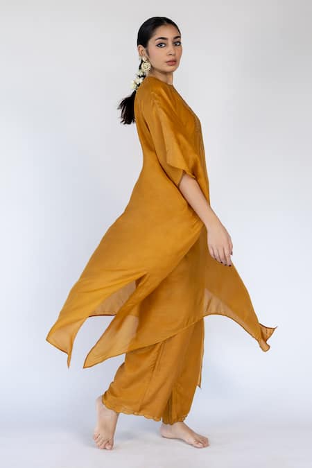 Buy_Nirjara_Yellow Cotton, Silk Sequins, Embroidery Lailaa Floral Bodice Kaftan With Pant 