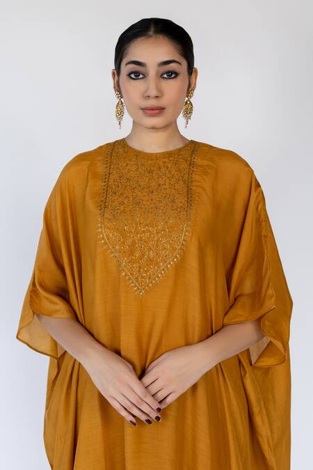 Shop_Nirjara_Yellow Cotton, Silk Sequins, Embroidery Lailaa Floral Bodice Kaftan With Pant 